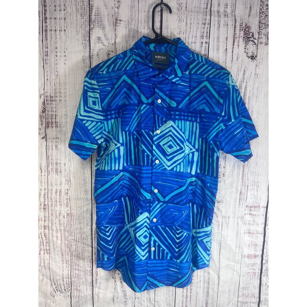 Bonobos Blue Geometric Print Button-Down Shirt Casual Short Sleeve Size S